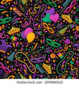 Mardi Gras pattern. Mardi Gras beads, yellow, green, purple. Colorful carnival backgroundr. Mardi Gras seamless print, textile, fabric texture. Tradition carnival symbols, confetti, mask, firework.
