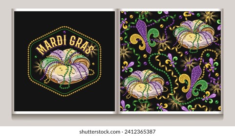 Mardi Gras pattern, logo with king cake, bead strings, party streamers, trinket, confetti, Fleur de Lis sign. Festive holiday design. Vintage illustration for prints, clothing, surface design