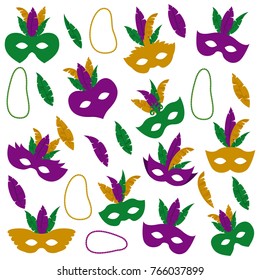 mardi gras pattern with mask feathers and necklaces