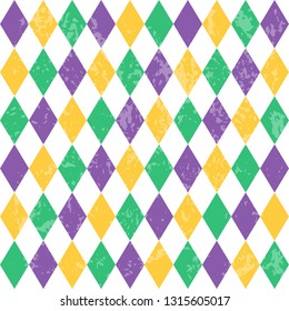 Mardi Gras pattern with rhombus symbol green, yellow and purple colour with texture. Carnival background. For wallpaper, web background, textile, banner, greeting card. Vector illustration.