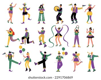 Mardi Gras with People Characters in Bright Costumes Celebrating Festive Holiday Vector Set