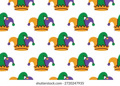Mardi Gras. Playful endless background featuring traditional joker caps in carnival colors for holiday wrapping paper and festive textile design