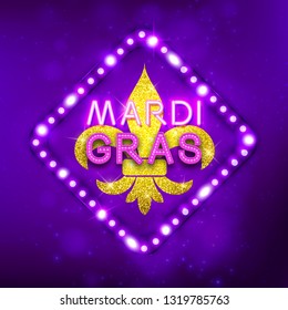 Mardi Gras postcard, purple retro frame with shiny neon led lights, vector illustration