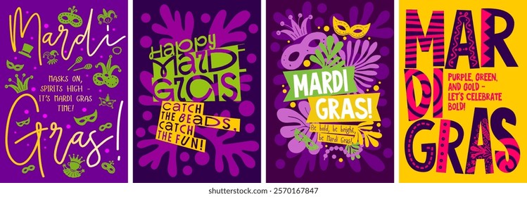 Mardi Gras poster with a bold design featuring vibrant masks, festive colors, and playful lettering. Perfect for carnival celebrations.