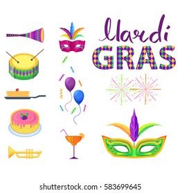 Mardi Gras poster with colorful carnival symbols. Vector illustration of mask with feather and salute above, small signs of violet and blue balloons, golden pipe, fruit cake, pile of pancakes