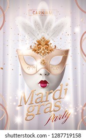 Mardi gras poster design with mask and glittering confetti on pearl white background in 3d illustration