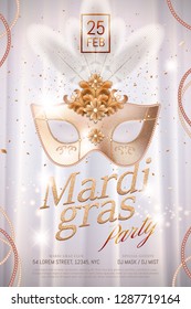 Mardi gras poster design with mask and glittering confetti on pearl white background in 3d illustration