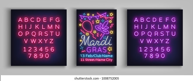 Mardi Gras poster design template in neon style. Neon sign, bright sign, brochure, invitation, postcard, vivid advertising of a fat Tuesday. Flyer, banner. Vector illustration. Editing text neon sign