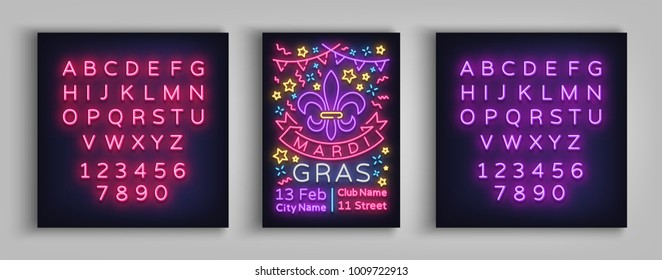 Mardi Gras poster design template in neon style. Neon sign, bright sign, brochure, invitation, postcard, vivid advertising of a fat Tuesday. Flyer, banner. Vector illustration. Editing text neon sign