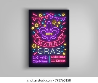 Mardi Gras poster design template in neon style. Neon sign, bright luminous sign, brochure, invitation, postcard, vivid advertising of a fat Tuesday. Flyer, banner. Vector illustration