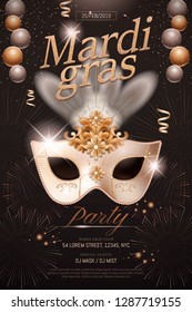 Mardi gras poster design with white mask and party decorations on black background in 3d illustration