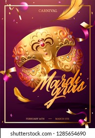 Mardi gras poster with golden luxurious mask and confetti in 3d illustration