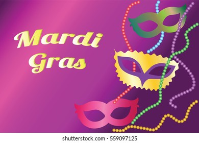 Mardi Gras poster. Greeting card with masks and beads. Vector illustration