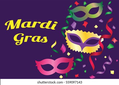 Mardi Gras poster. Greeting card with masks and ribbons. Vector illustration