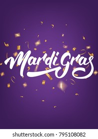 Mardi Gras. Poster with Mardi Gras lettering and gold shiny confetti. Fat Tuesday holiday background