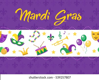 Mardi Gras poster with mask, beads, trumpet, drum, fleur de lis, jester hat, masks, comedy and drama. Mardi Gras Carnival template, flyer, invitation. Fat Tuesday background. Vector illustration