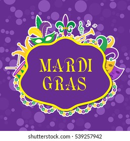 Mardi Gras poster with mask, beads, trumpet, drum, fleur de lis, jester hat, masks, comedy and drama. Mardi Gras Carnival template, flyer, invitation. Fat Tuesday background. Vector illustration