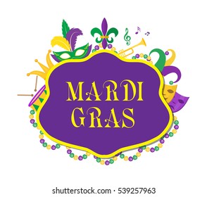 Mardi Gras Poster mit Maske, Perlen, Trompete, Trommel, Fleur de lis, Jesterhut, Masken, Comedy und Drama. Mardi Gras Karneval Vorlage, Flyer, Einladung. Fett Dienstag Hintergrund. Vektorgrafik