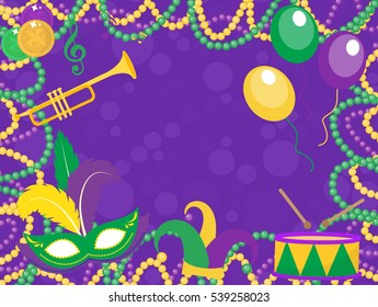 Mardi Gras poster with mask, beads, trumpet, drum, fleur de lis, jester hat. Mardi Gras Carnival template, flyer, invitation. Fat Tuesday background. Vector illustration