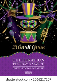 mardi gras poster with mask, musical instruments, party balloons and streamers. mardi gras party poster