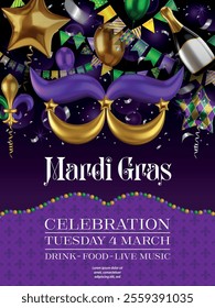 mardi gras poster with party balloons, confetti and pennants. carnival flyer with mask shaped balloon	