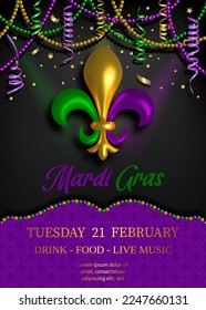 mardi gras poster with pearls and streamers. mardi gras background with tricolor lily