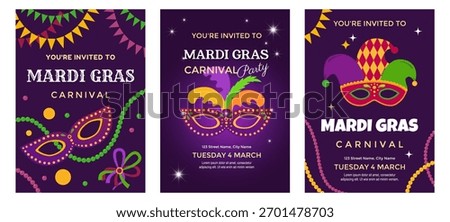 Mardi Gras poster set. Collection of party, carnival Mardi Gras invitations. Carnival masks, beads and garlands. Vector templates for greeting cards, flyers, banners