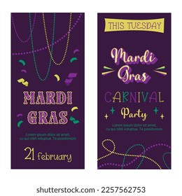 Mardi Gras poster. Set of Colorful Holiday flyer with masquerade mask, beads, confetti, traditional elements for party decoration. Vector flat illustration for invitation, festival announcement