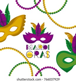 mardi gras poster with several carnival mask with colorful feathers and necklaces over white background