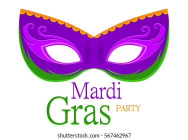 Mardi Gras purple carnival mask with ornaments for poster, greeting card, party invitation, banner or flyer on white background. Happy Mardi Gras. Masquerade vector Illustration.