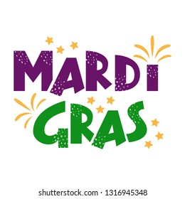 Mardi Gras purple and green text with stars and fireworks. American New Orleans Fat Tuesday poster, greeting card. Sidney Mardi Gras parade. Masquerade carnival lettering. Vector illustration.