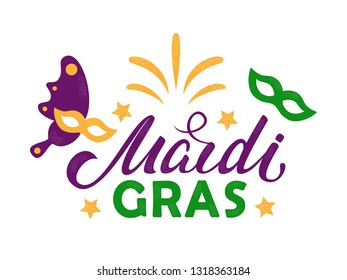 Mardi Gras purple and green text with masquerade masks and fireworks. American New Orleans Fat Tuesday poster, greeting card. Sidney Mardi Gras parade. Carnival lettering. Vector illustration.