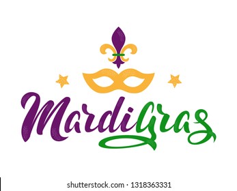 Mardi Gras purple and green text with masquerade mask and fleurs-de-lis. American New Orleans Fat Tuesday poster, greeting card. Sidney Mardi Gras parade. Carnival lettering. Vector illustration.