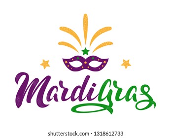 Mardi Gras purple and green text with masquerade mask and fireworks. American New Orleans Fat Tuesday poster, greeting card. Sidney Mardi Gras parade. Carnival lettering. Vector illustration.