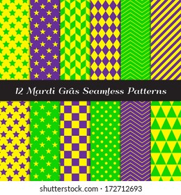 Mardi Gras Purple, Green and Yellow Geometric Seamless Patterns in Diamond, Chevron, Polka Dot, Checkerboard, Stars, Triangles, Herringbone and Stripes. Pattern Swatches with Global Colors.