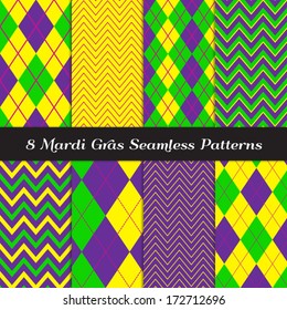 Mardi Gras Purple, Green and Yellow Argyle and Chevron Seamless Patterns. Carnival style backgrounds. Pattern Swatches included and made with Global Colors.
