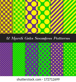 Mardi Gras Purple, Green and Yellow Jumbo Polka Dots, Gingham and Stripes Seamless Patterns. Carnival style backgrounds. Pattern Swatches included and made with Global Colors.