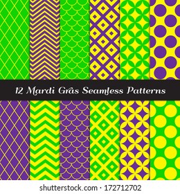 Mardi Gras Purple, Green and Yellow Retro Geometric Seamless Patterns in Jumbo Polka Dot, Diamond Lattice, Scallops, Quatrefoil and Chevron. Pattern Swatches made with Global Colors.