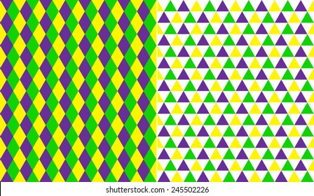 Mardi Gras purple, green and yellow geometric seamless vector patterns in diamond, triangles.