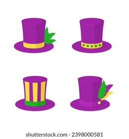 Mardi gras purple top hats collection. Set of festive masquerade costume elements.