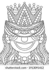 Mardi Gras queen character symmetry portrait stock vector illustration. Young girl in venetian mask coloring page for kids and adults. Smiling woman with long hair, crown, venetian mask and beads 