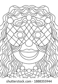 Mardi Gras queen coloring page stock vector illustration. Symmetry smiling woman in half mask printable coloring page for kids and adults. Venetian mask girl with curly hair portrait. One of a series