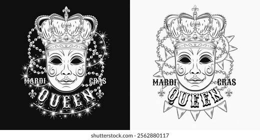 Mardi Gras Queen label. Emblem with carnival golden venetian face mask in imperial crown, intertwined interlaced strings of beads, lights garland, pennants bunting, text. Composition in vintage style