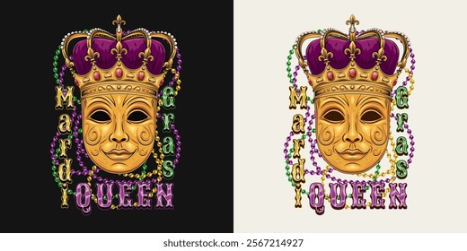 Mardi Gras Queen label. Emblem with carnival golden venetian face mask in imperial crown, intertwined interlaced strings of beads, text. Rectangular composition in vintage style.