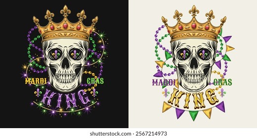 Mardi Gras Queen label. Emblem with theatrical comedy face mask in imperial clown, intertwined interlaced strings of beads, lights garland, pennants bunting, text. Composition in vintage style