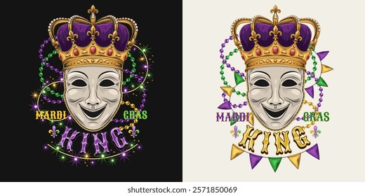 Mardi Gras Queen label. Emblem with theatrical comedy face mask in imperial clown, intertwined interlaced strings of beads, lights garland, pennants bunting, text. Composition in vintage style