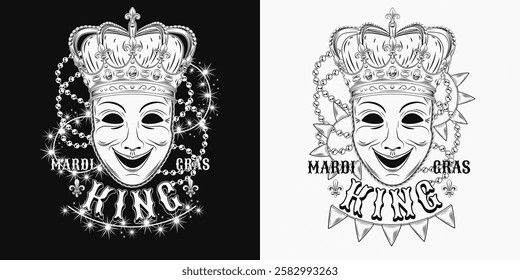 Mardi Gras Queen label. Emblem with theatrical comedy face mask in imperial clown, intertwined interlaced strings of beads, lights garland, pennants bunting, text. Composition in vintage style