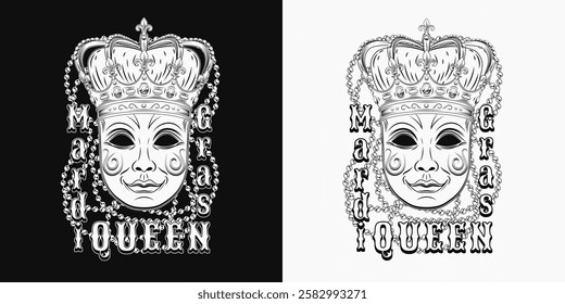 Mardi Gras Queen label. Emblem with carnival golden venetian face mask in imperial crown, intertwined interlaced strings of beads, text. Rectangular composition in vintage style.