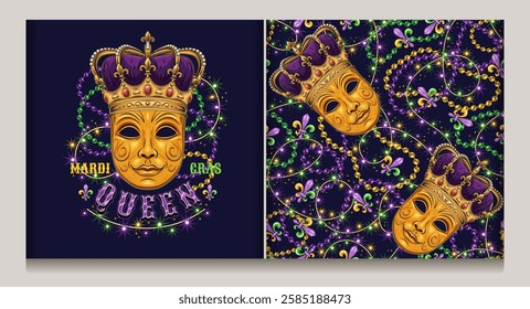 Mardi Gras Queen label, seamless pattern with carnival golden venetian face mask in imperial crown, intertwined strings of beads, lights sparkles garland, text. Carnival decoration.