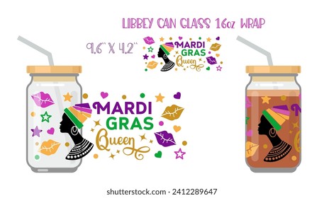 Mardi gras queen. Printable Full wrap for libby glass can. Mardi Gras concept . Vector Illustration